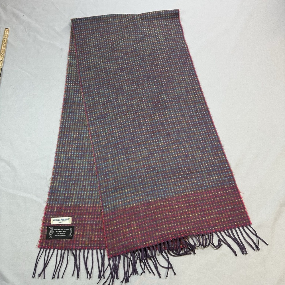 Victoire Mathieu Paris Scarf Womens Purple Multicolor 15"x62"Wool Mohair Fringe